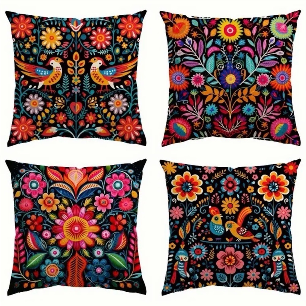 Vibrant Boho Floral Pillow Covers – Set of 4 – Colorful Folk Art Prints 18x18